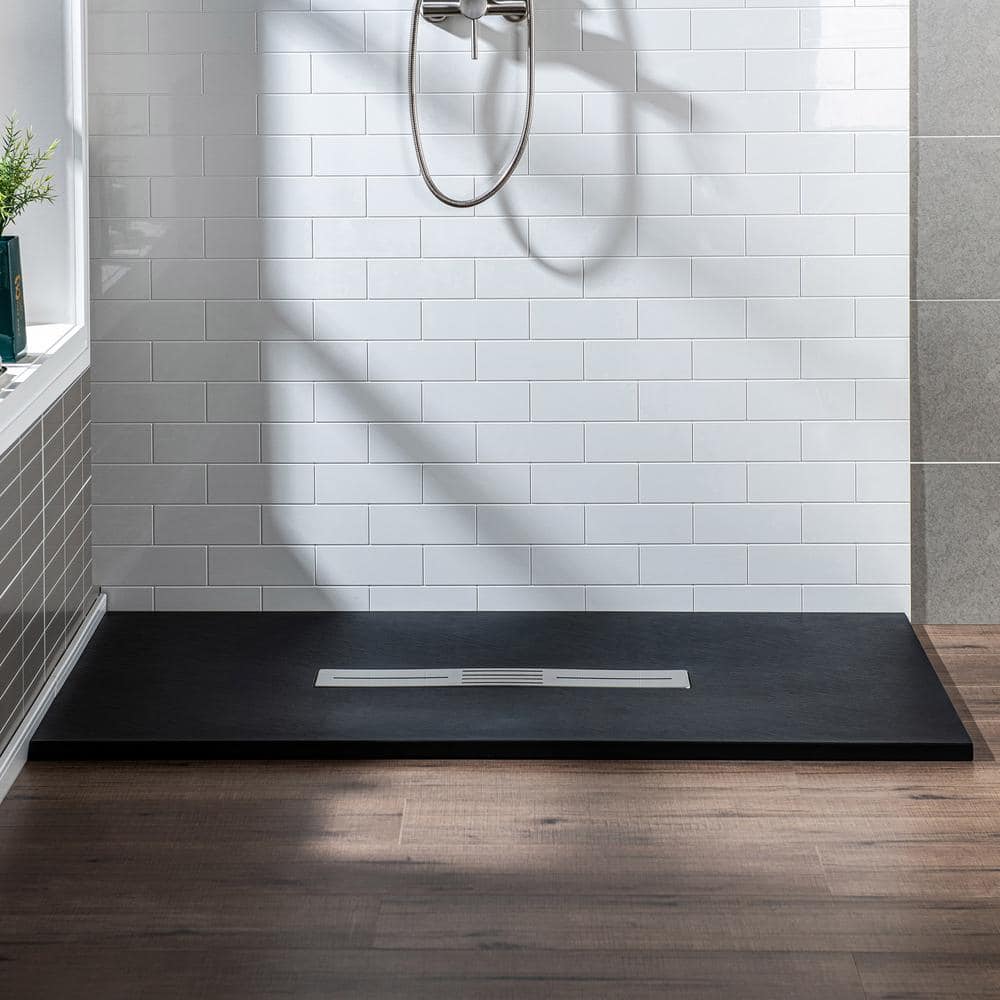 Black Solid Surface Low-Profile Rectangular Shower Base