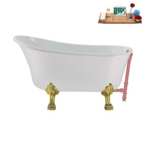 51 in. x 25.6 in. Acrylic Clawfoot Soaking Bathtub in Glossy White with Polished Gold Clawfeet and Matte Pink Drain