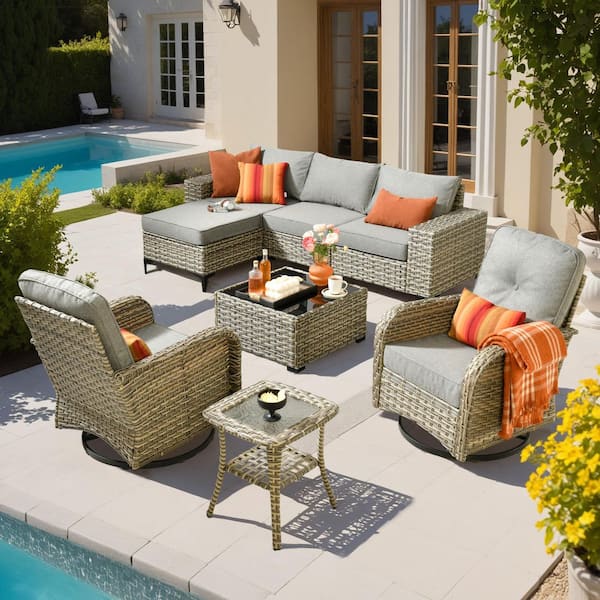 Vinency Gray 8-Piece Wicker 7.68 in. Wide Arm Patio Conversation Set with Dark Gray Cushions and Swivel Chairs