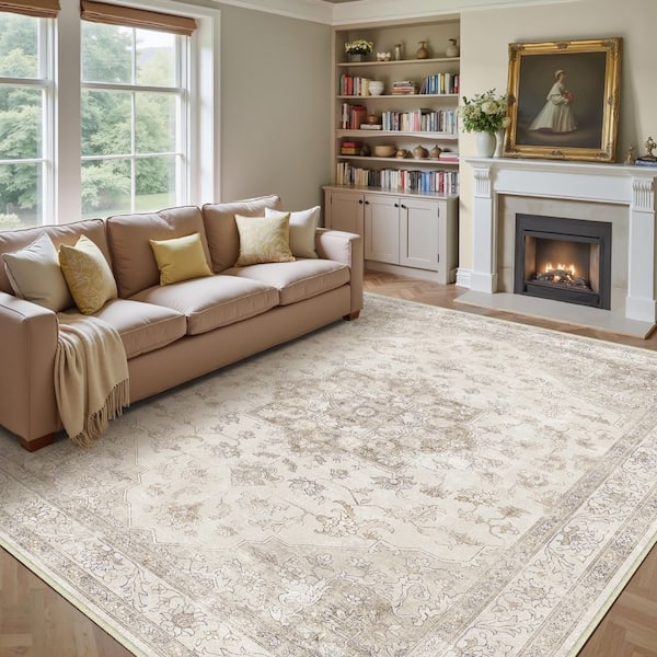 Baykal Taupe 9 ft. x 12 ft. Vintage Washable Medallion Distressed Area Rug