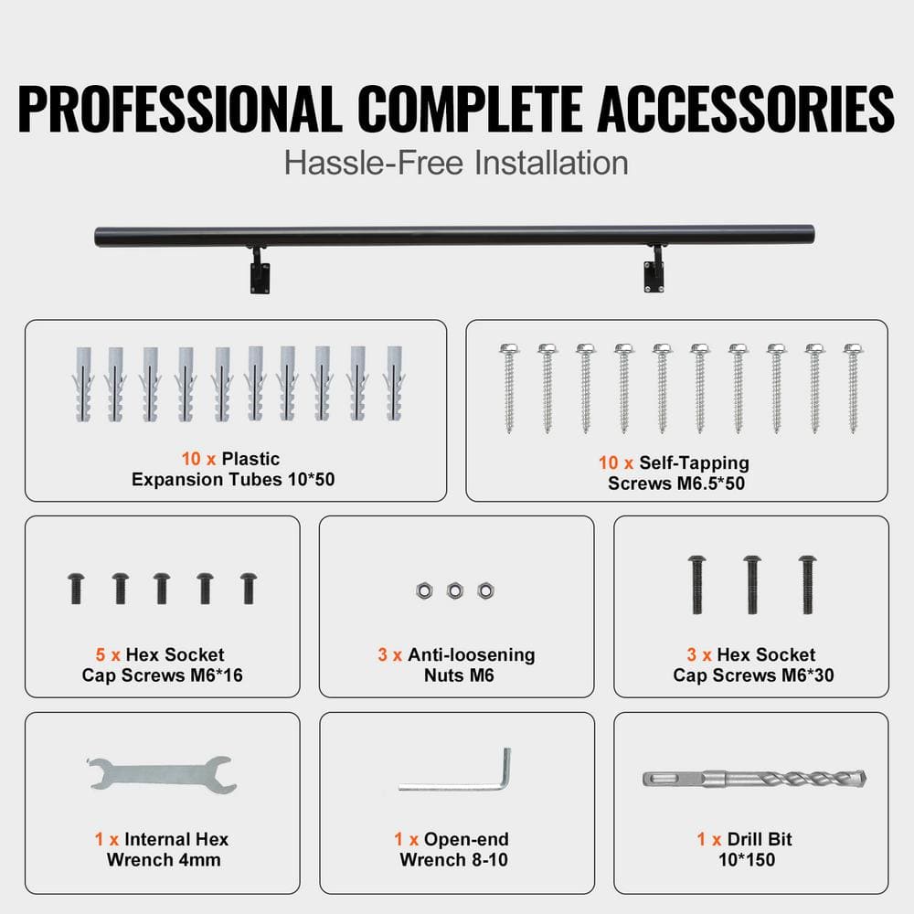 Black Aluminum Alloy Wall Mount Stair Handrail, 60" Length