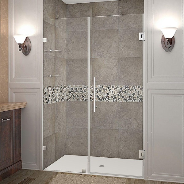 Aston Nautis GS 44 in. x 72 in. Frameless Hinged Shower Door in Stainless Steel with Glass Shelves