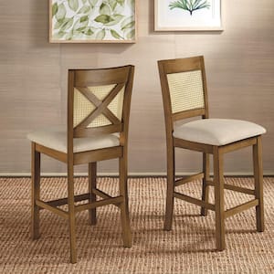 26.32 in. Oak Cane X-Back Wood Accent Counter Height Chair (Set of 2)
