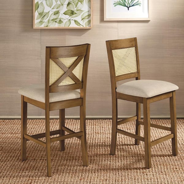 HomeSullivan 26.32 in. Oak Cane X-Back Wood Accent Counter Height Chair (Set of 2)