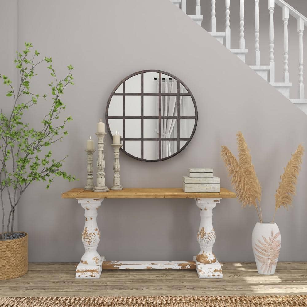 White and Beige Polystone Floor Vase with Leaf Design