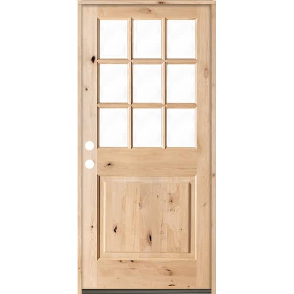 Krosswood Doors 36 in. x 80 in. Craftsman 9-Lite Clear Beveled Glass Right-Hand Inswing Unfinished Knotty Alder Prehung Front Door