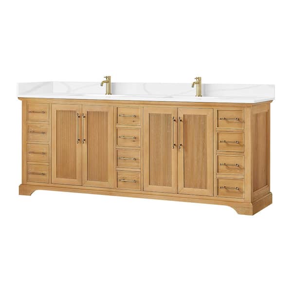 Tokyo 84 in. W. x 22 in. D x 44 in. H Double Bath Vanity in Oak Natural Brown with Silk White Quartz Stone Top