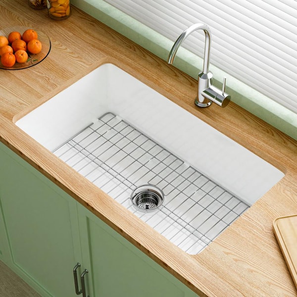 Kuomih White Fireclay 32 in. Single Bowl Undermount/Drop-In Kitchen Sink with Bottom Grid and Basket Strainer