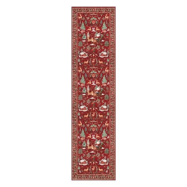 2 ft. x 8 ft. Red Holiday Woodland Washable Runner Rug