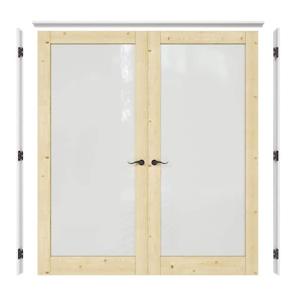 ARK DESIGN 72 in. x 80 in. 1 Lite Frosted Glass Pine Solid Wood Unfinished Universal Double French Door with Assemble Jamb