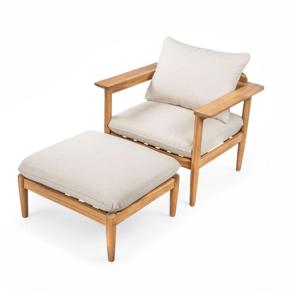 Terassi Patio Solid Wood Outdoor Lounge Chair with Ottoman and Beige Cushions, Light Teak