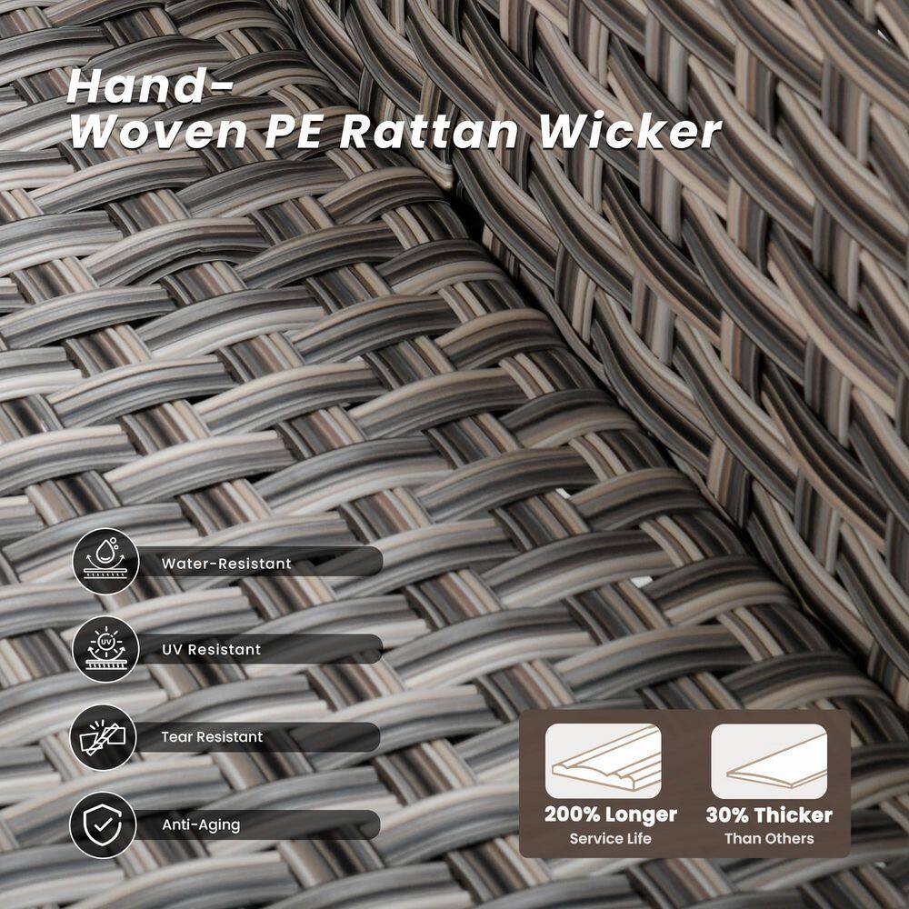 Close-up of gray hand-woven PE rattan wicker texture.