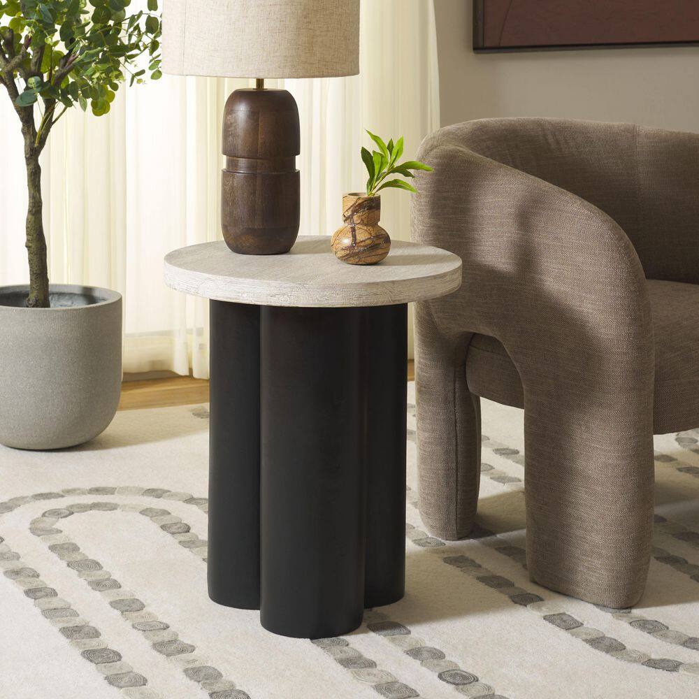 Benvolio 18 in. White Washed/Black Round Acacia End Table