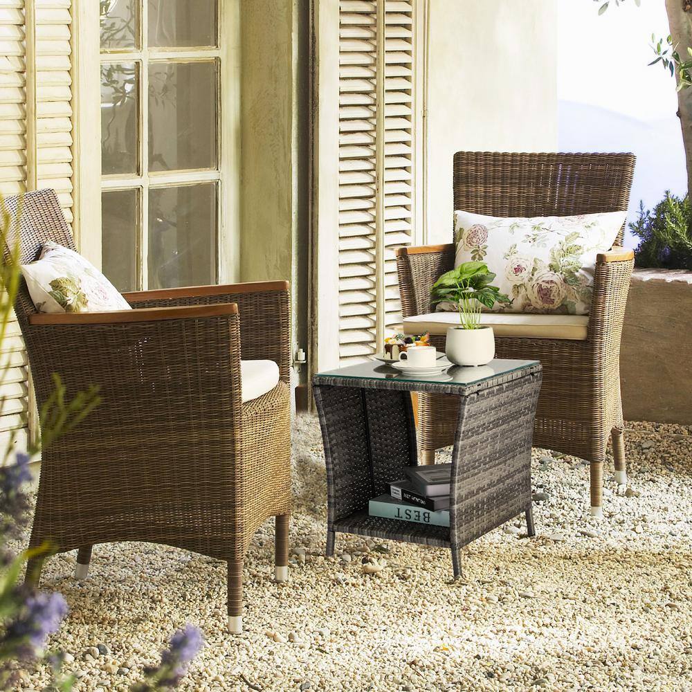 Gray and Black Iron Wicker Outdoor End Table