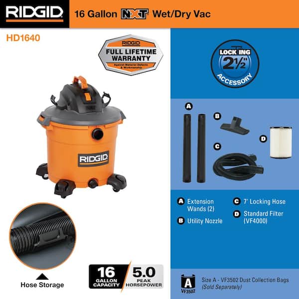 Ridgid 14 gal. 6.0-Peak HP NXT Wet/Dry Shop Vacuum with Fine Dust Filter and Hose.