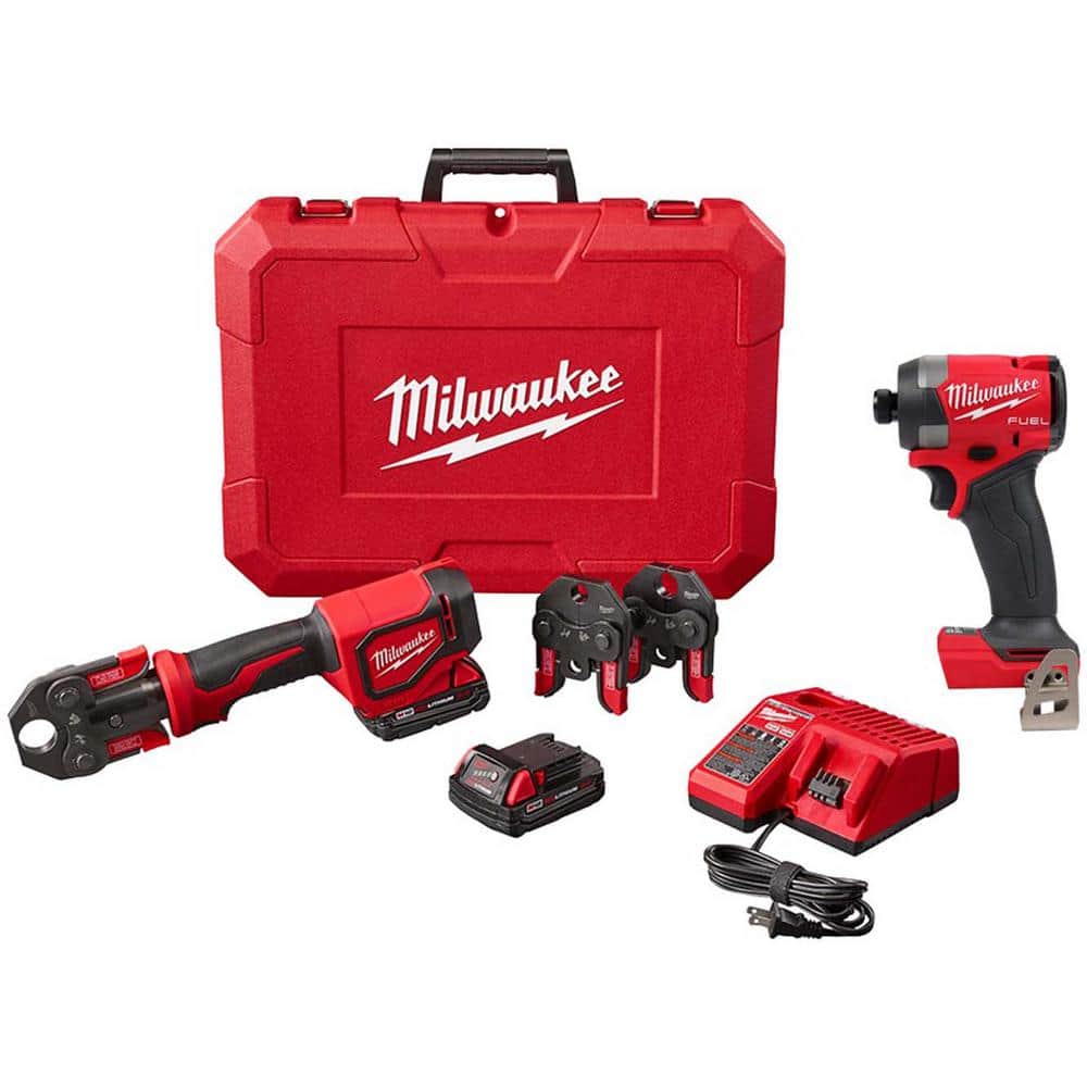 Milwaukee M18 18V Lithium-Ion Cordless Short Throw Press Tool Kit and M18 FUEL 18V Lithium-Ion Cordless 1/4 in Hex Impact Driver -  2674-22C-29