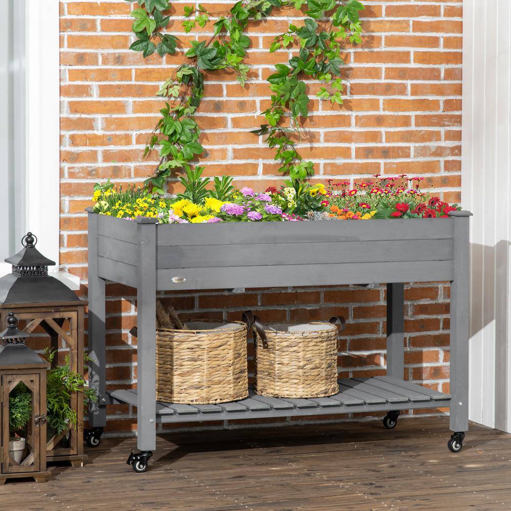 Dark Gray Wooden Elevated Garden Planter with Lockable Wheels