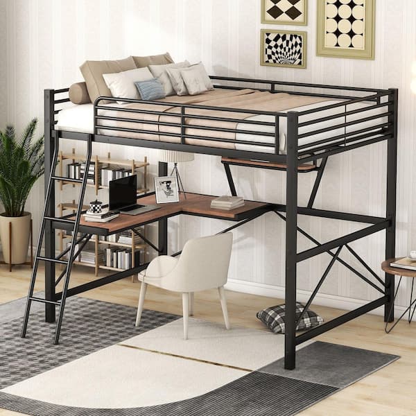 Black Full Metal and MDF Loft Bed with Desk and Shelf