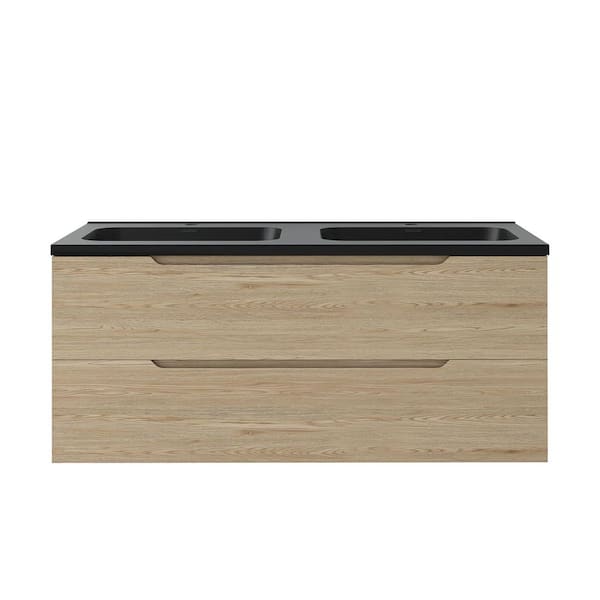 48 in. Wall-Mounted Evita Oak Bath Vanity with Black Quartz sand Top Assembled