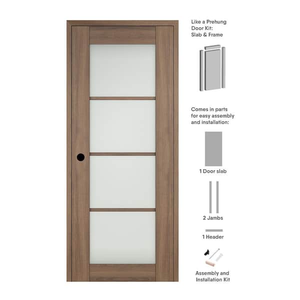 Belldinni Vona 32 in. x 96 in. 4-Lite Right-Hand Frosted Glass PecanNutwood Solid Core Composite Wood Single Prehung Interior Door
