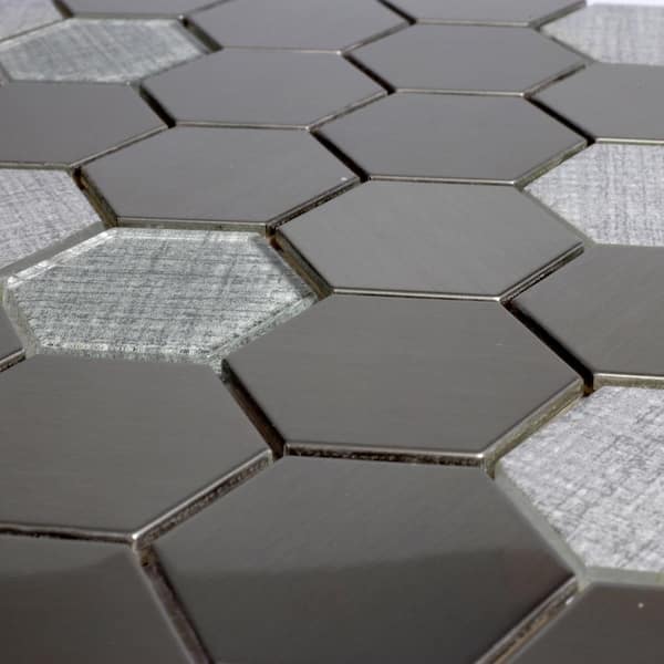 Enchanted Metals Blue and Silver Hexagon Mosaic 2 in. x 2 in. in. Glass and Metal Decorative Tile Sample