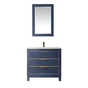 Jackson 36 in. Single Bathroom Vanity Set in Royal Blue and Composite Carrara White Stone Countertop with Mirror