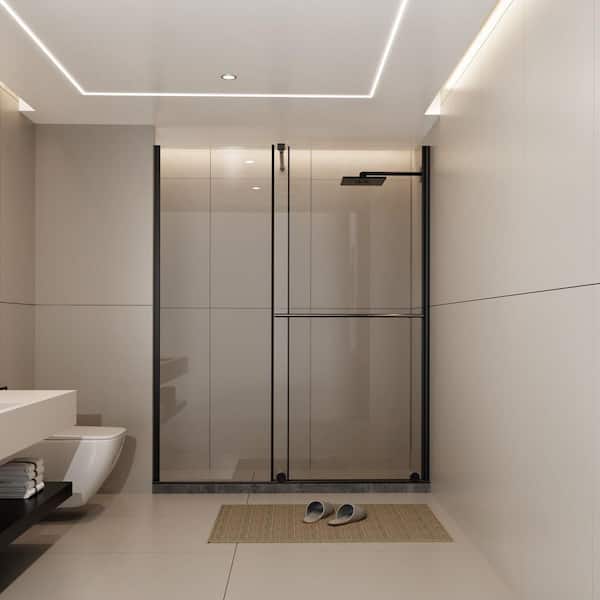 60 in. W x 72 in. H Sliding Semi-Frameless Shower Door in Matt Black with Tempered Glass