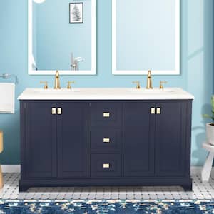 60 in. W x 22 in. D x 40 in. H Double Sink Bath Vanity in Navy Blue with Carrara White Cultured Marble Top,Assembled