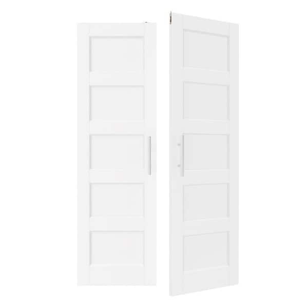 TENONER 48 in. x 80 in. Solid Wood and MDF, 5-Panel, White Primed, Pantry Door, Interior Door Slab With Ball Catch and Top Latch