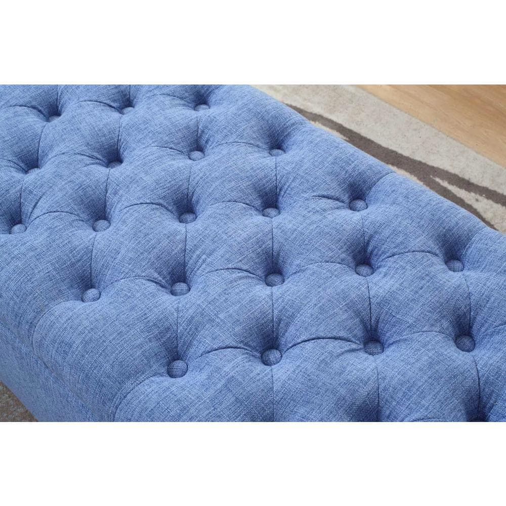 Blue Button Tufted Storage Ottoman with Nailhead Trim