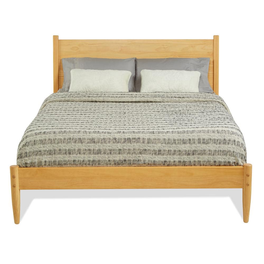 Scandinavian Oak Full Panel Mid-Century Modern Bed with Pine Frame