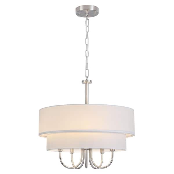 18 in. 5-Light Nickel Farmhouse Candle Chandelier with White Fabric 2 Tiered Drum Shape for Restaurant Stairway Bar