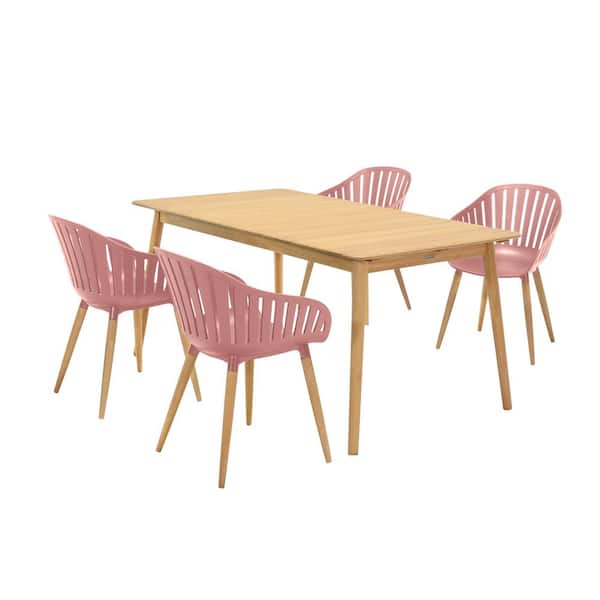 Armen Living Nassau Natural Wood 5-Piece Outdoor Dining Set with Table and Pink Peony Arm Chairs