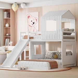 White Wood Frame Twin over Full House Bunk Bed with Slide, Roof and Windows Design