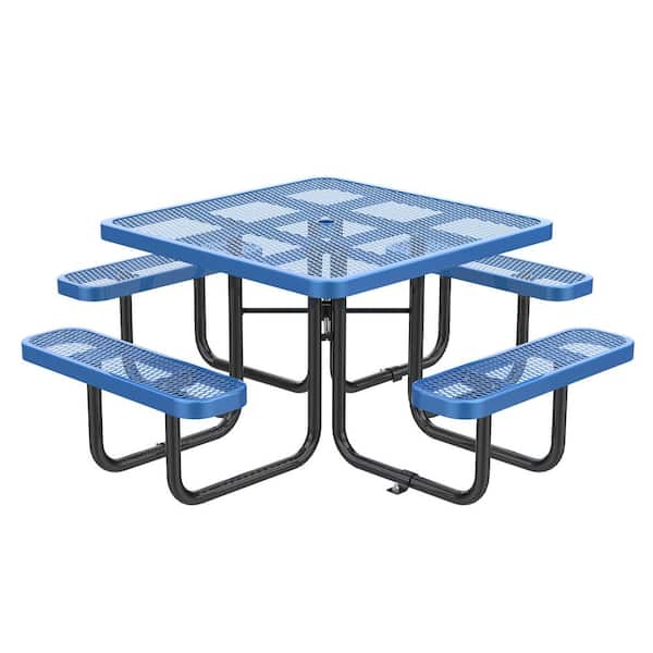 78.7 in. Blue Square Steel Picnic Table Seats 4-8 People with Umbrella Hole