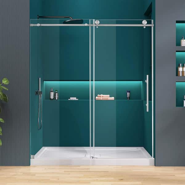 56-60 in. W x 76 in. H Sliding Frameless Shower Door in Brushed Nickel Finish with 5/16 in. Tempered Glass