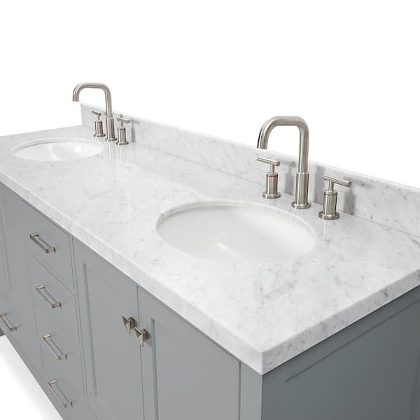 ᐅ【WOODBRIDGE London 60Bathroom Vanity with Engineered Marble White Carrara  Color top 8 faucet holes, Double Rectangle Undermount Sinks, 4 Soft Closing  Doors and 3 full Extension Dovetail Drawers