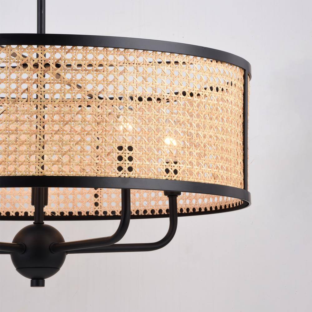 Matte Black and Rattan Drum Pendant Light Fixture