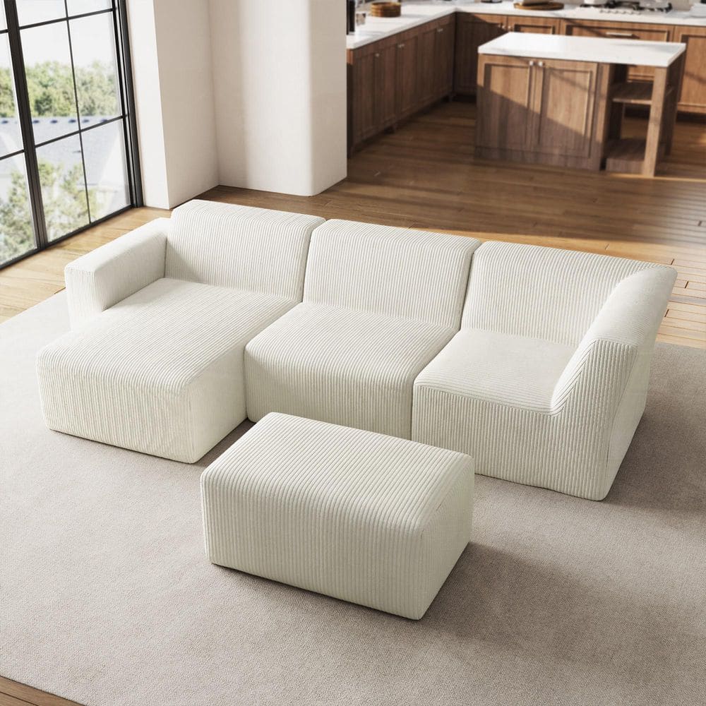 114 in. Modern Square Arm 4-piece Corduroy Modular Free Combination Sectional Sofa in. Beige With Ottoman