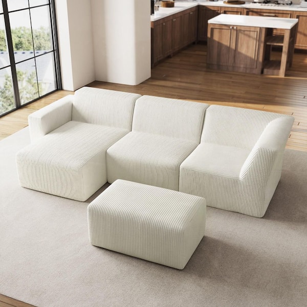 114 in. Modern Square Arm 4-piece Corduroy Modular Free Combination Sectional Sofa in. Beige With Ottoman