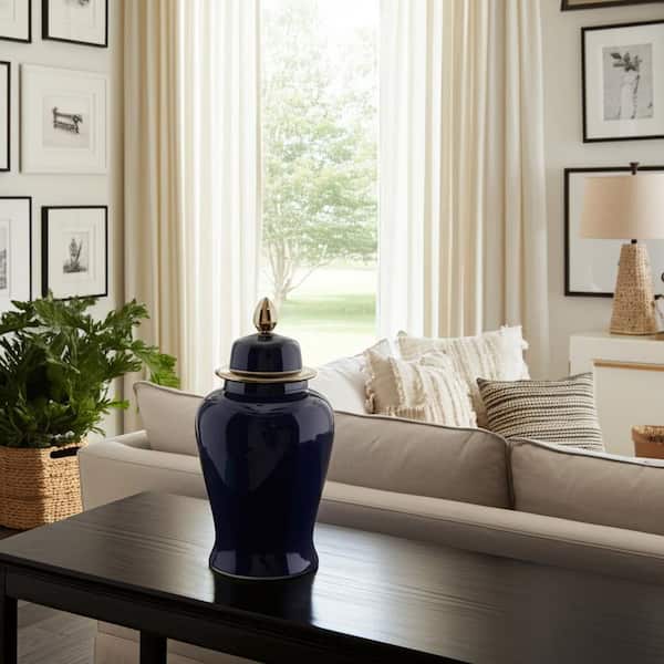 24 in. Blue/Gold Stoneware Round Traditional Temple Jar