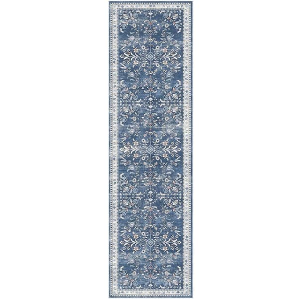 2' x 8' Non Slip Boho Floral Hallway Runner Rug-Blue