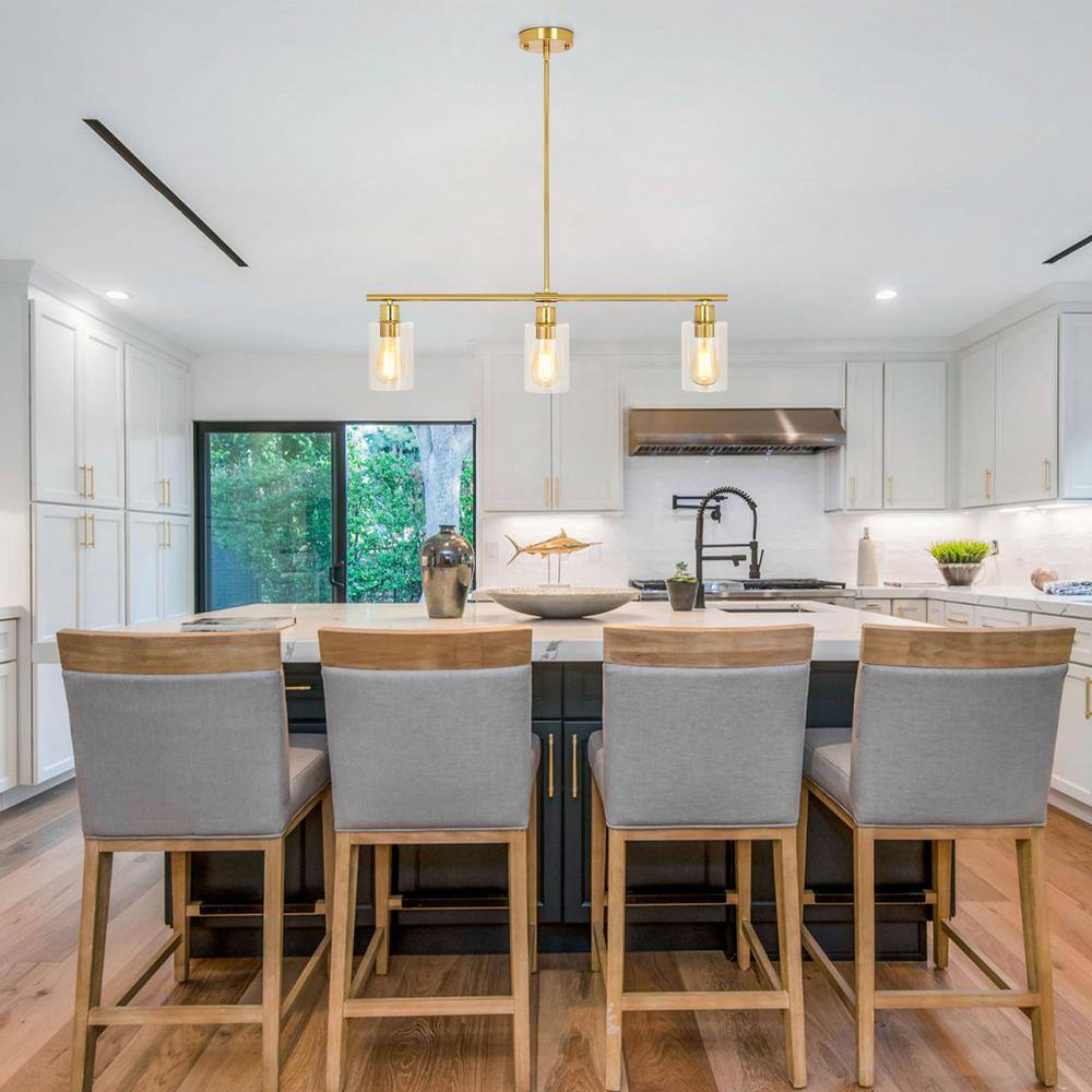 Gold Linear 3-Light Pendant with Clear Glass Shades