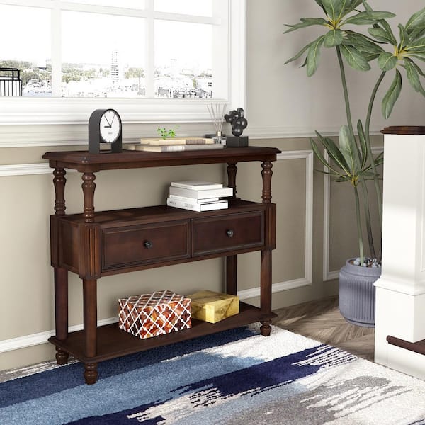 Homy Casa Lyting 39.4 in. Brown Rectangle Wood Console Table with 2-Drawers
