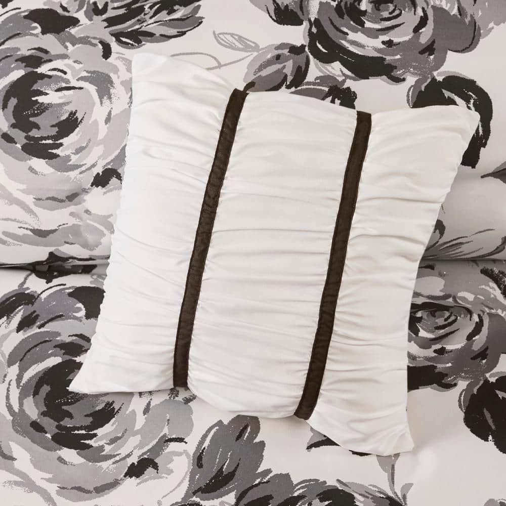 King Black and White Microfiber Reversible Floral Comforter Set