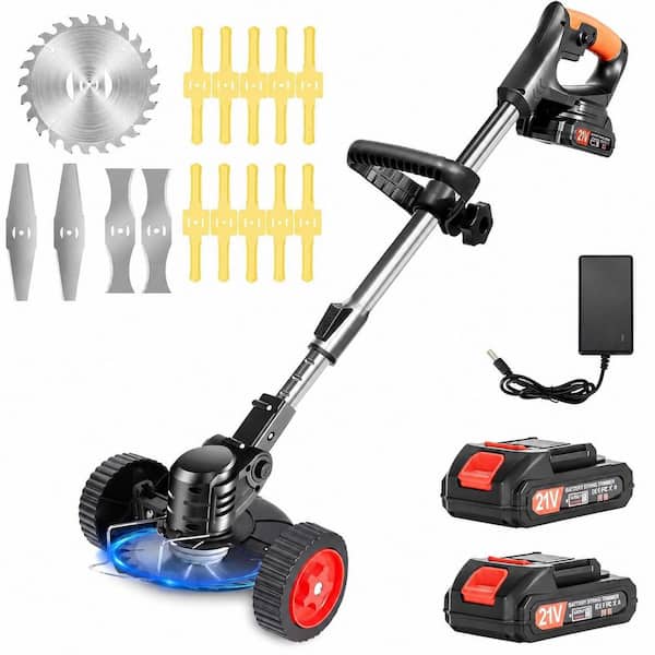 5.9 in. Grass Shears Cordless Electric Weed Trimmer w/ Wheels 4 Types Blades & 33-47 in. Telescopic Pole for Thick Weeds