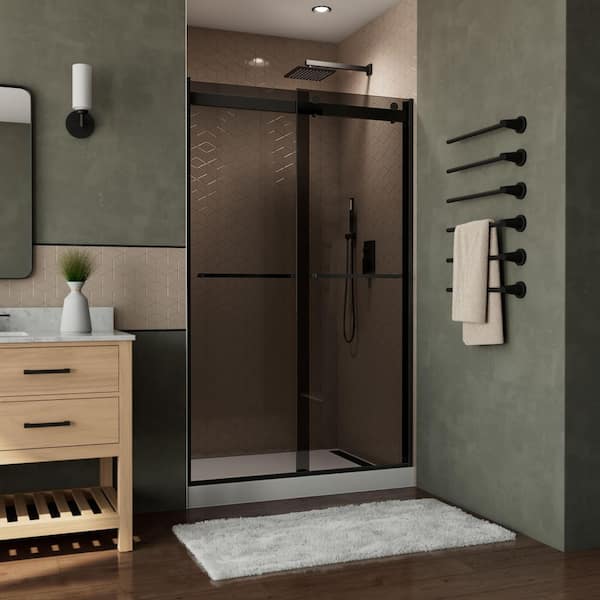 DreamLine Essence-H 44 in. to 48 in. W x 76 in. H Sliding Semi-Frameless Shower Door in Matte Black with Tinted Glass