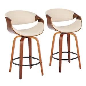Symphony 36 in. Counter Height Bar Stool in Cream Faux Leather and Walnut Wood (Set of 2)