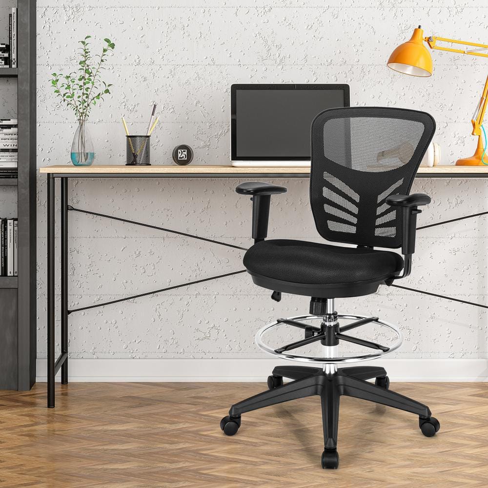 Black Mesh Adjustable Swivel Drafting Chair with Foot-Ring