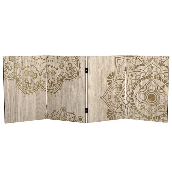 RED LANTERN 2 ft. Short Mandala on Oak Canvas 4-Panel Folding Screen